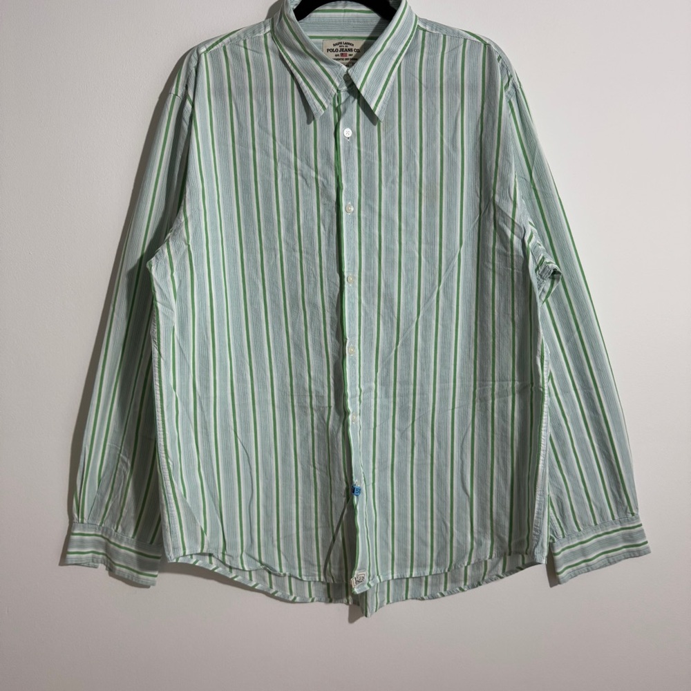 Ralph Lauren Polo Jeans Co Green White Striped Button Up‎ Shirt Size XL - Picture 10 of 10
